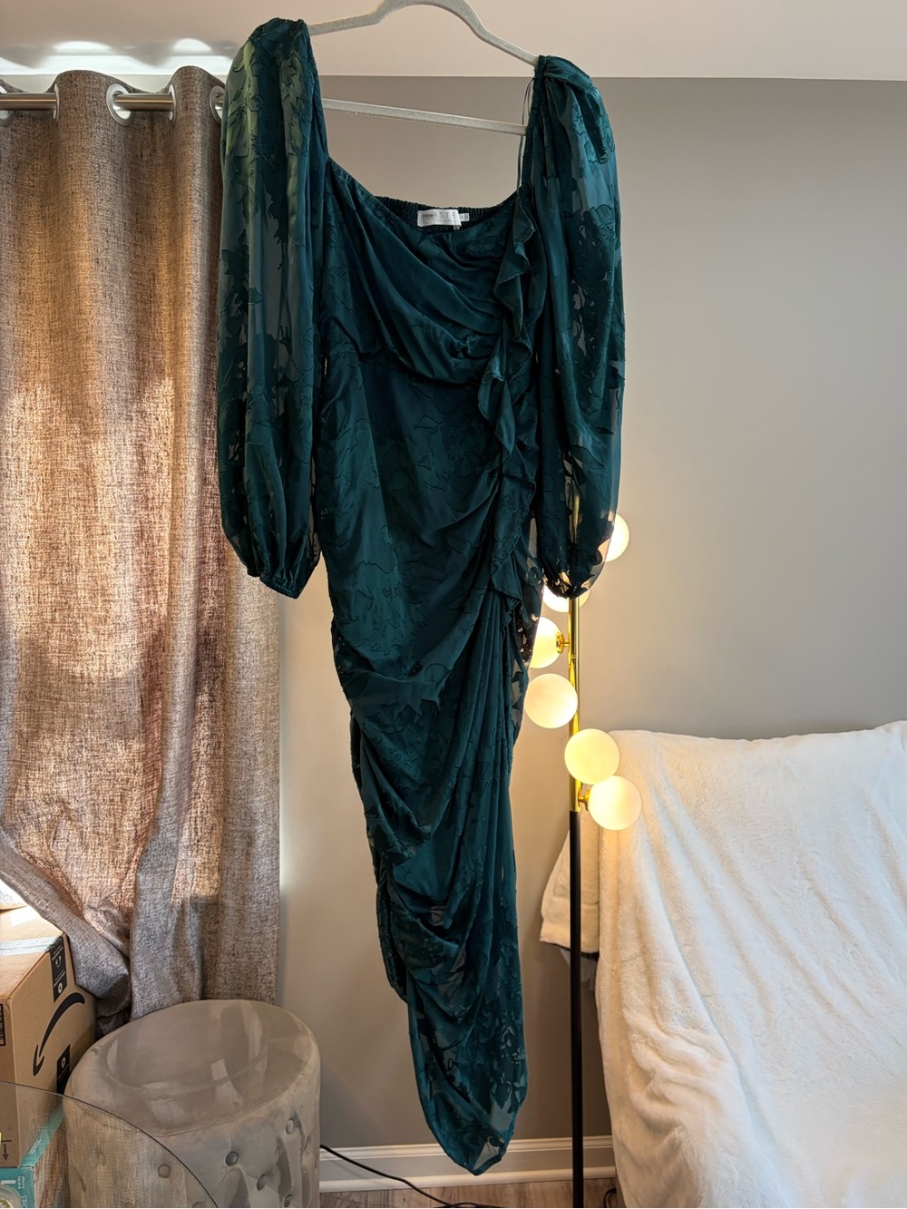 Astr Teal Draped Puff-Sleeve Midi Dress